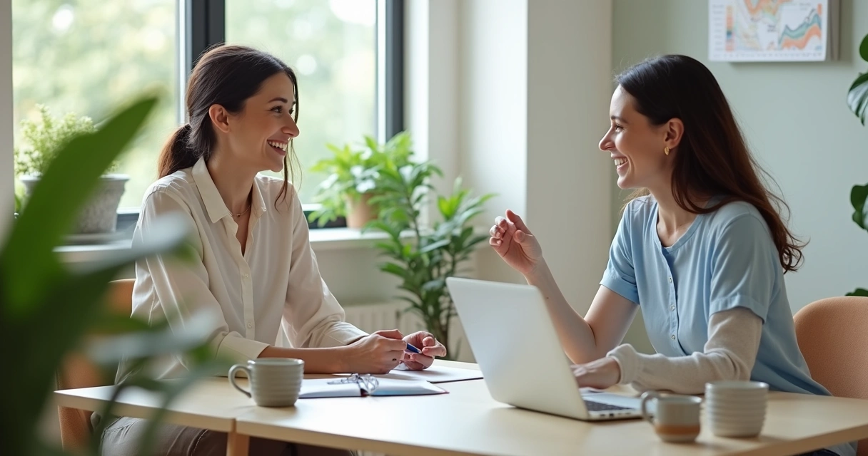 Colega sorridente recebendo feedback positivo em escritório. 