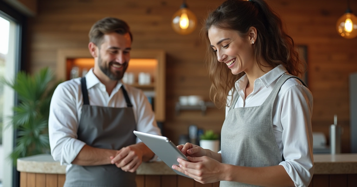 Hóspede mostrando feedback positivo em tablet com equipe do hotel ao fundo 