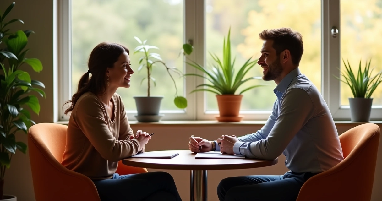 Líder dando feedback e sorriso em reunião individual de trabalho 