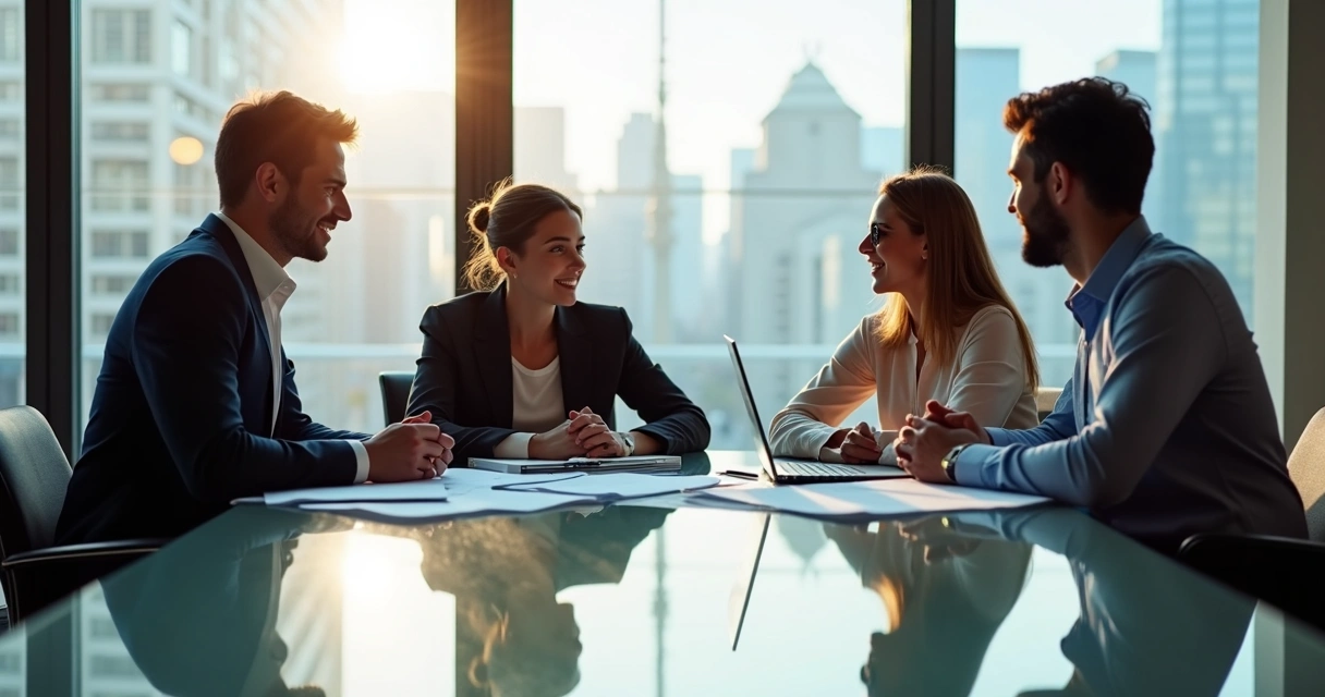 Equipe reunida dando feedback para colega 