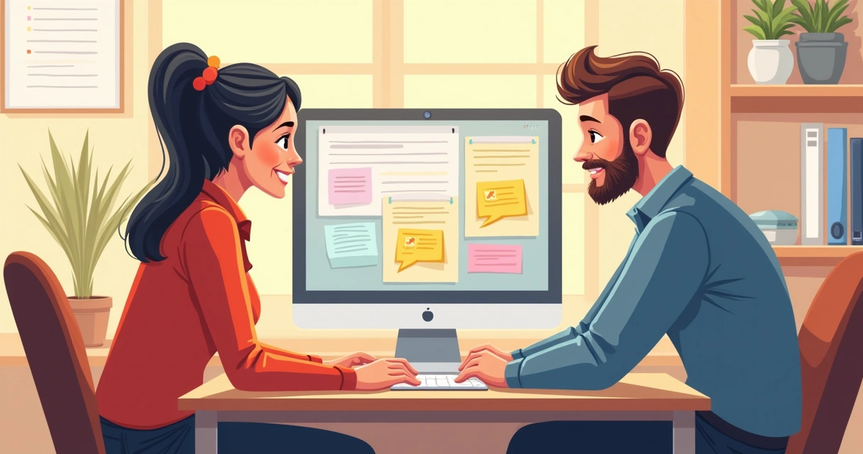 Gestor conversando com colaborador, mostrando elogios e sugestões na tela 