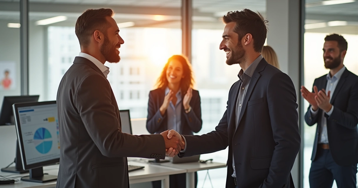 Colega reconhecendo trabalho de outro membro da equipe com aperto de mão 