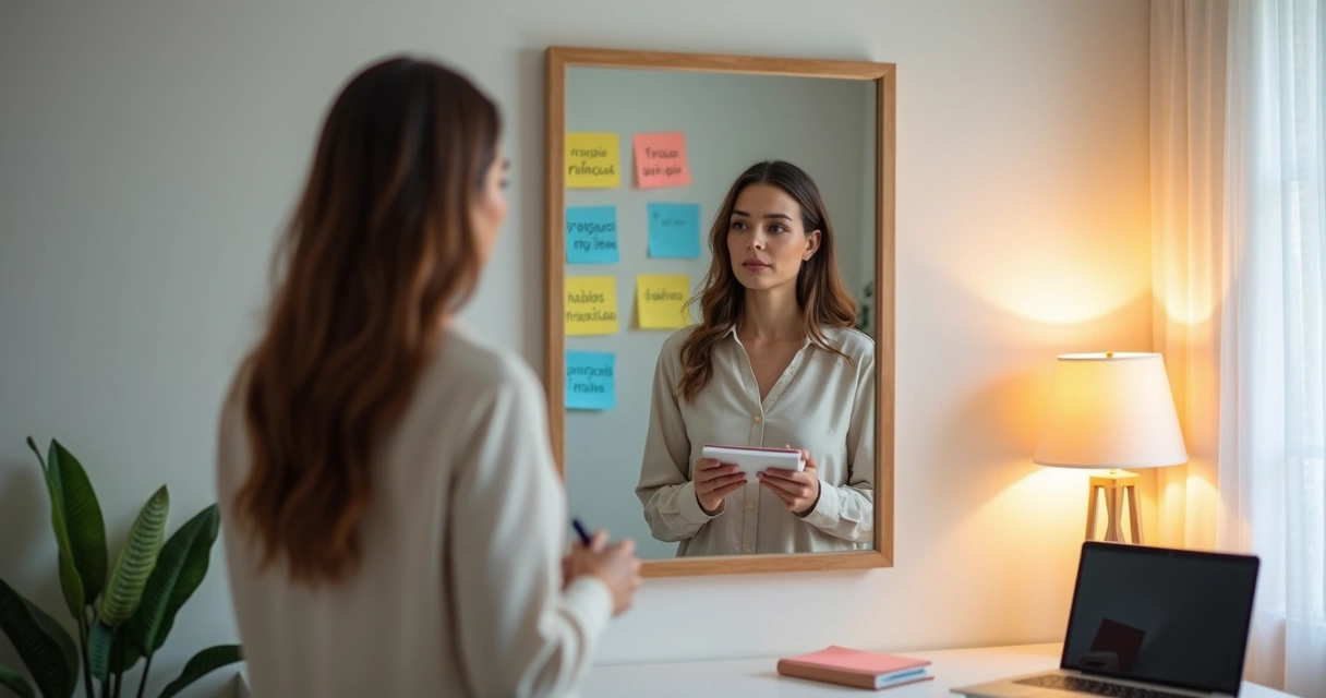 Persona reflexionando frente a un espejo con notas adhesivas sobre feedback y autoevaluación 