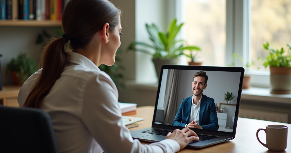 Líder e profissional conversando em videoconferência 