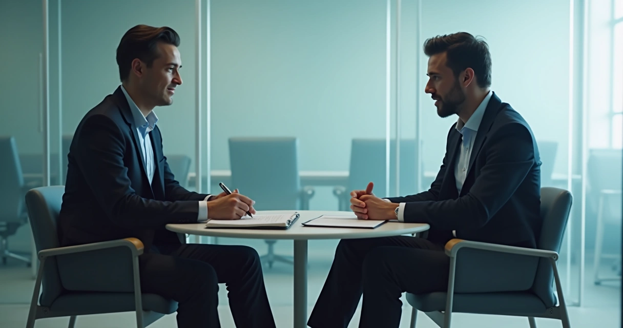 Líder e colaborador conversando em reunião individual no escritório 