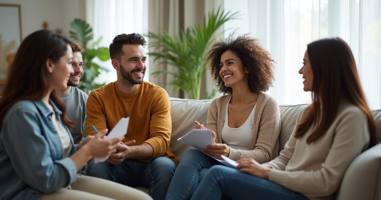Grupo de amigos conversando em sala clara, trocando feedbacks de maneira respeitosa 