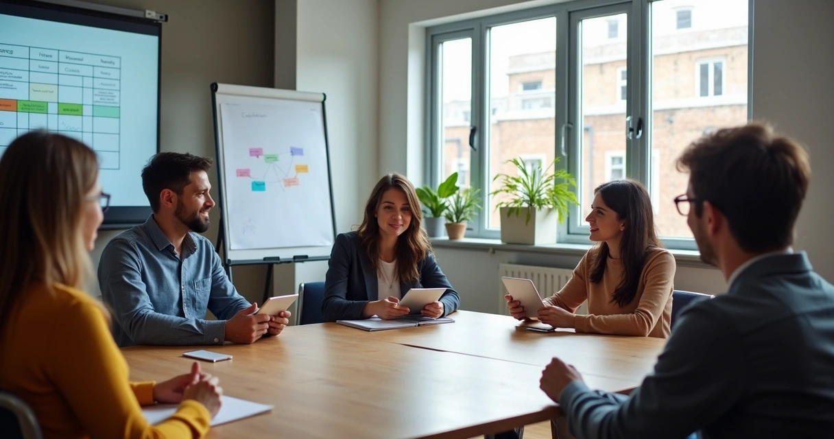 Equipe participando de sessão de feedback em ambiente corporativo 
