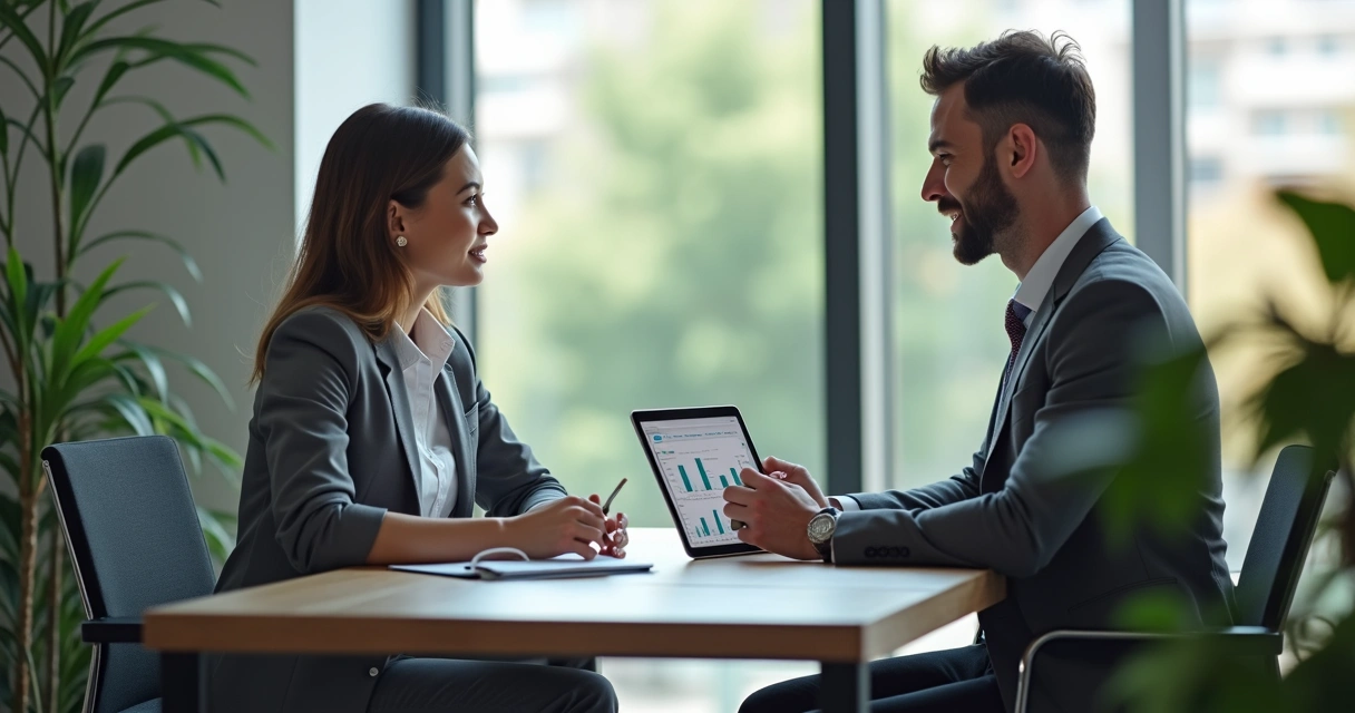 Gestor comercial em reunião individual com vendedor, apontando para um relatório e conversando.