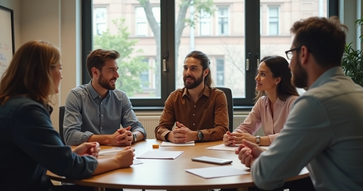 Equipe sentada em círculo trocando feedbacks de forma respeitosa após uma reunião 