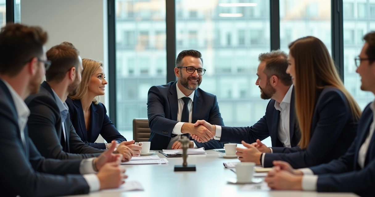 Grupo empresarial em reunião, colaborador recebendo feedback positivo 