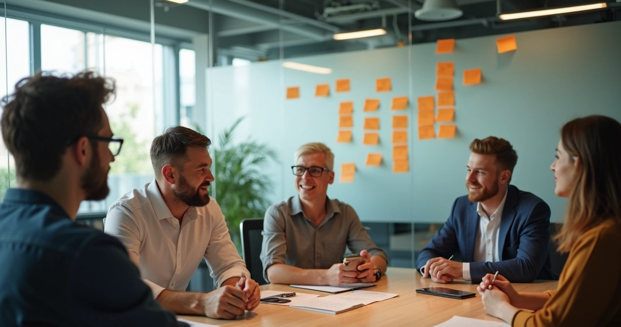 Membros de equipe participando de dinâmica de feedback ao final de uma reunião 