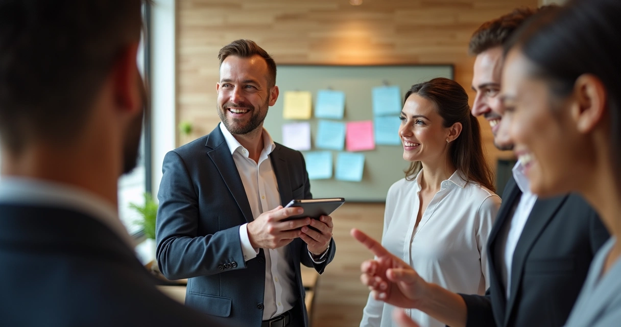 Profissional coletando feedback de colegas após reunião empresarial. 