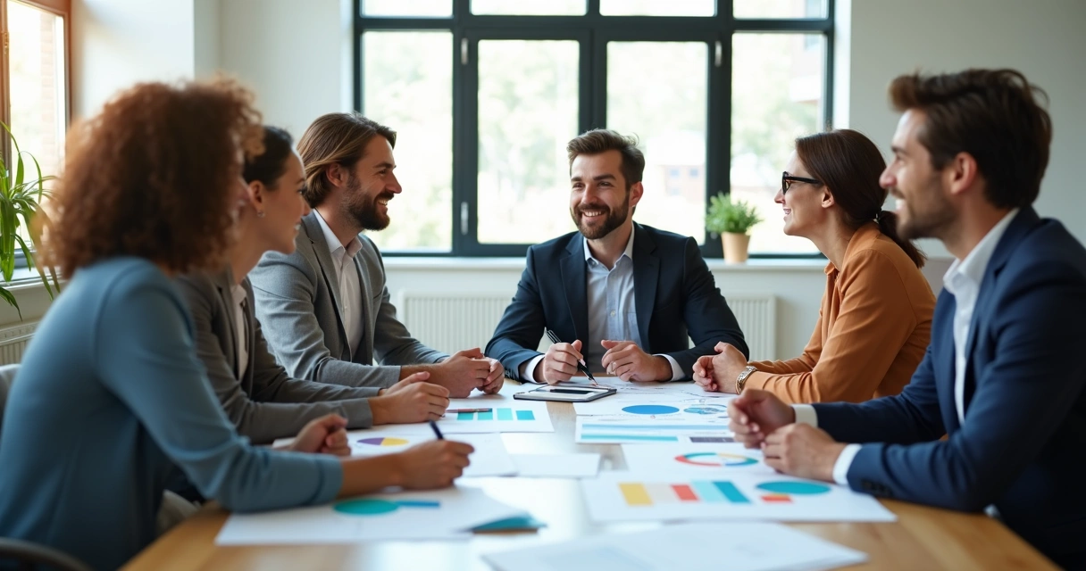 Equipe reunida ao redor de mesa discutindo e recebendo feedback em reunião