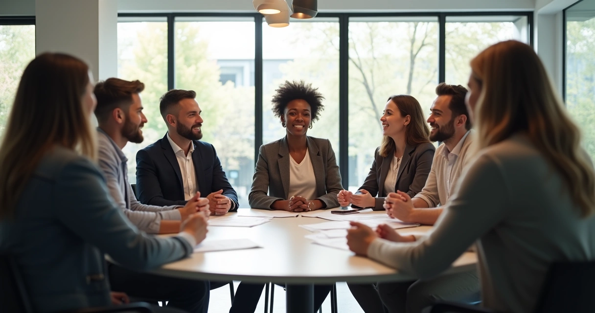 Leader and team having a feedback session at a round table 