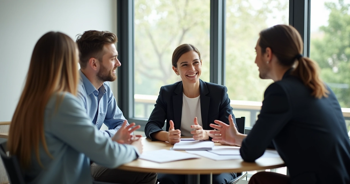 Leader giving constructive feedback in a team meeting