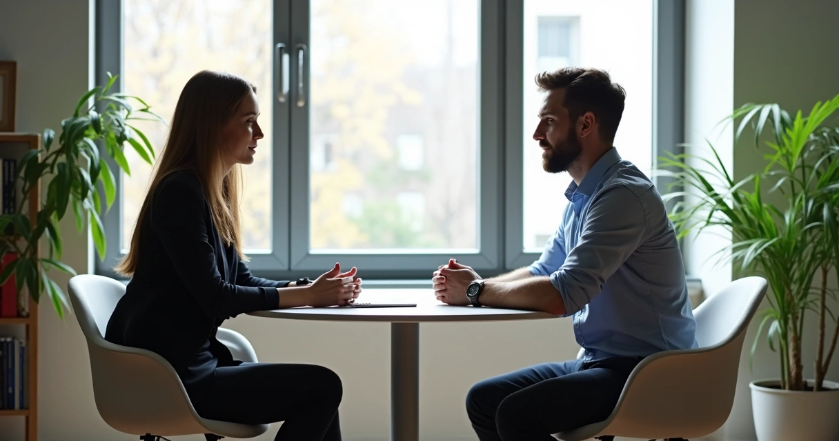 Two people sitting at a table in an office setting, one giving feedback, the other listening with a hesitant expression 