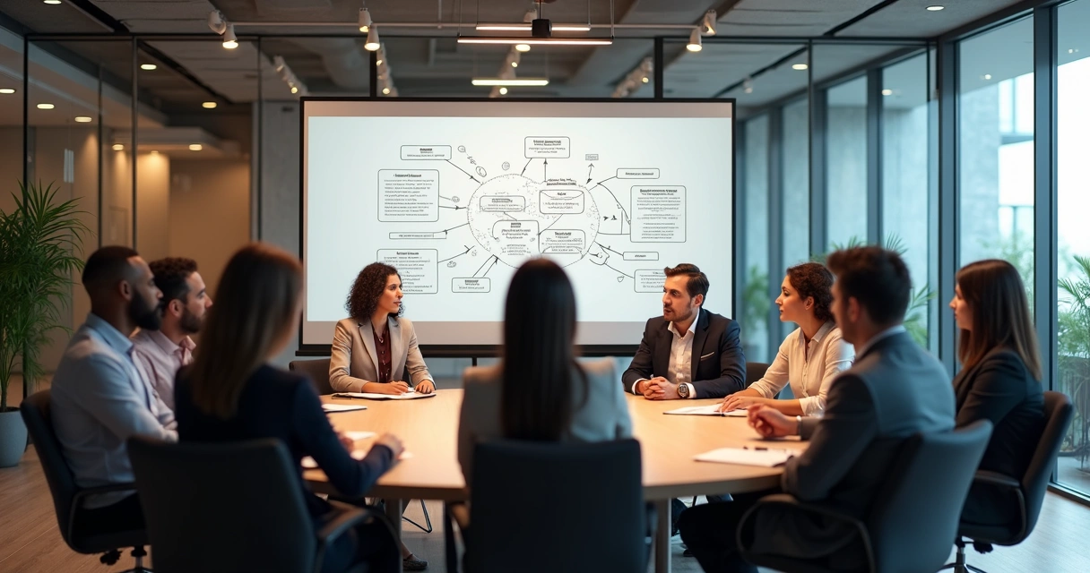 Equipe reunida em um círculo, trocando ideias e feedbacks de forma colaborativa, com quadro branco ao fundo 