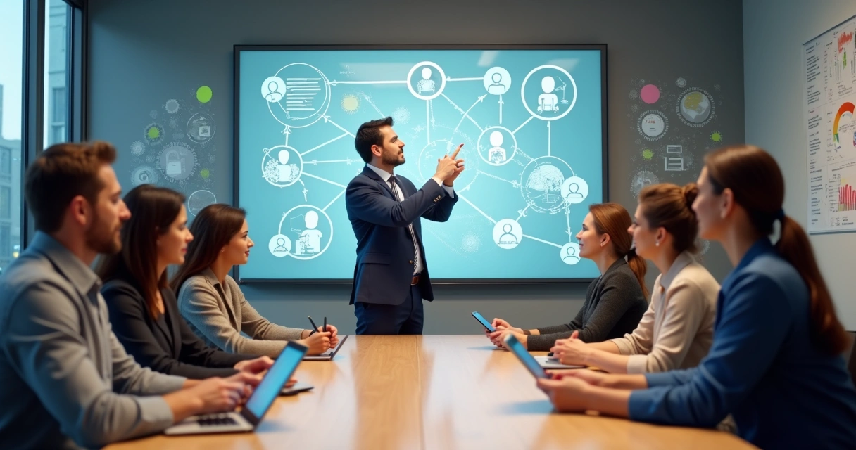 Equipe observando quadro digital com conexões e indicadores de desempenho 