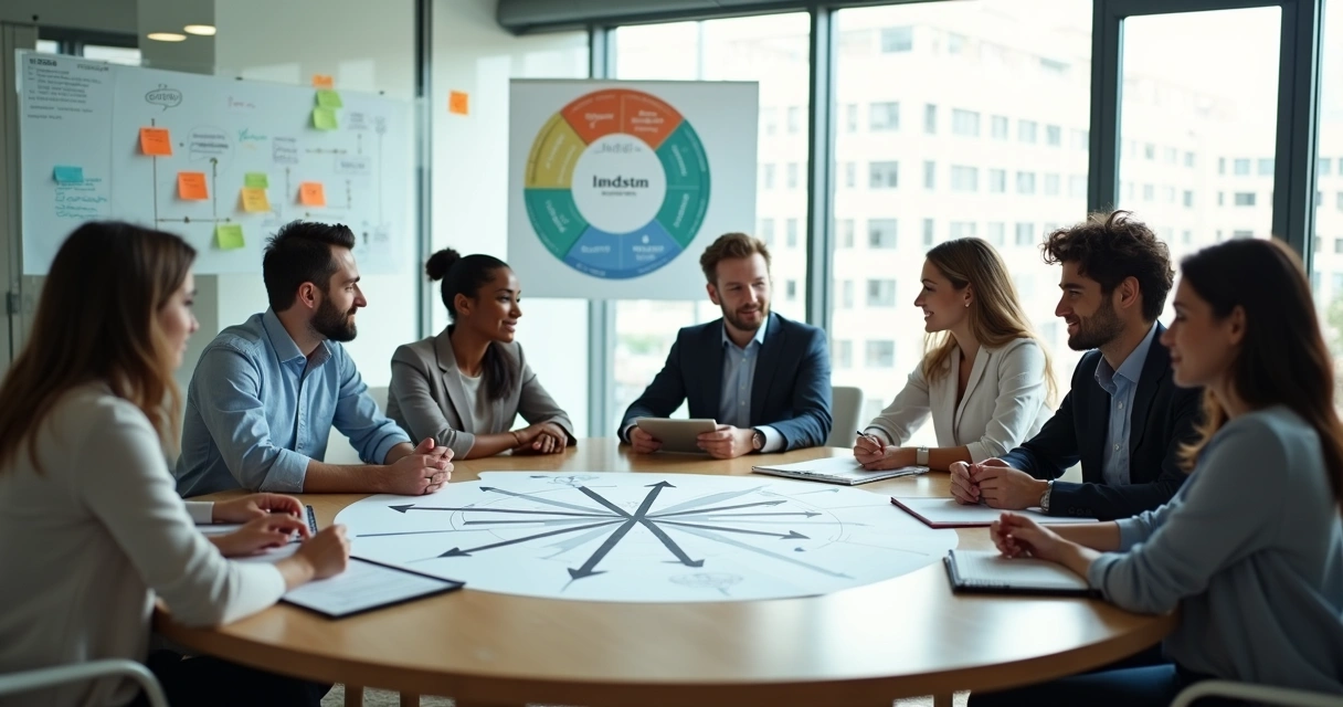 Equipe em reunião usando feedback sistêmico ao redor de mesa redonda 