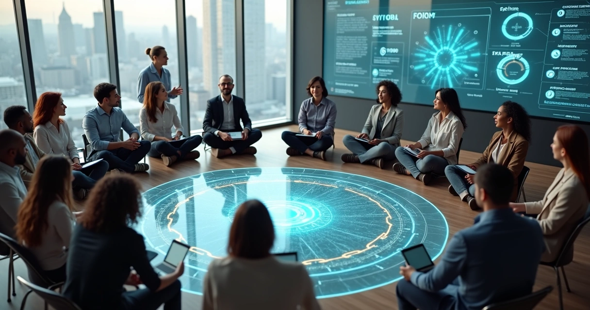 Líder facilitando conversa em equipe multicultural em círculo com fluxos conectando ideias 