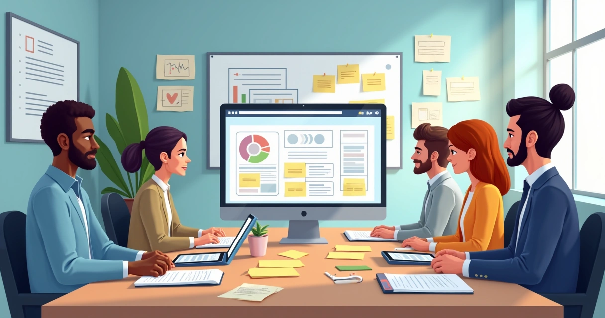Equipe reunida avaliando protótipo de site em monitor 