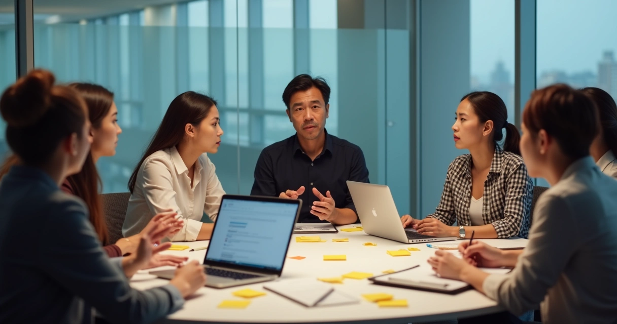 Team in feedback session, sharing ideas around a round table