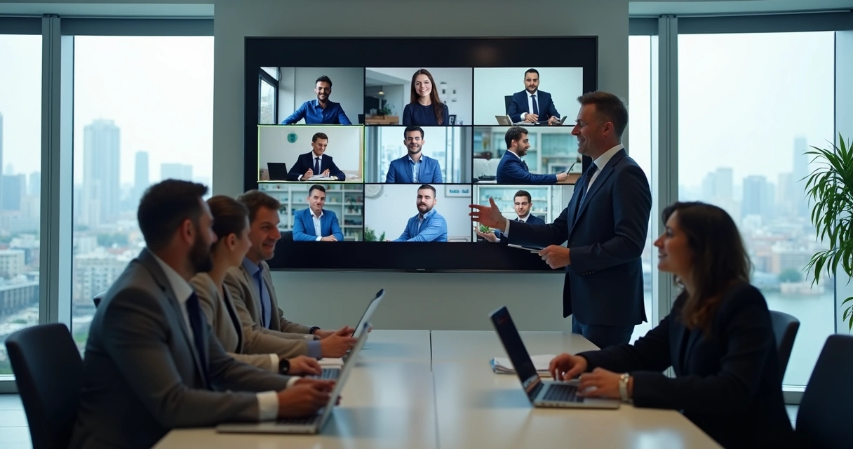 Líder realizando reunião de feedback com equipe híbrida por videoconferência