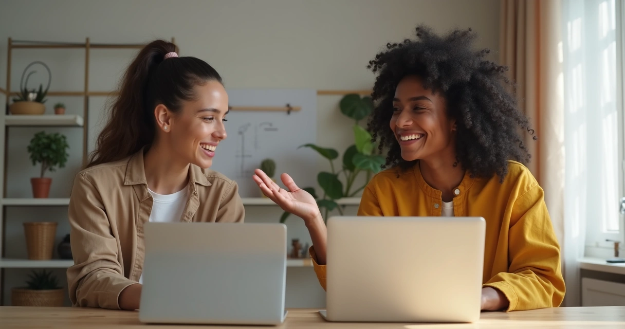 Colaboradores trocando feedback por videoconferência, gesticulando e sorrindo um para o outro, fundo claro de escritório e notebooks abertos. 