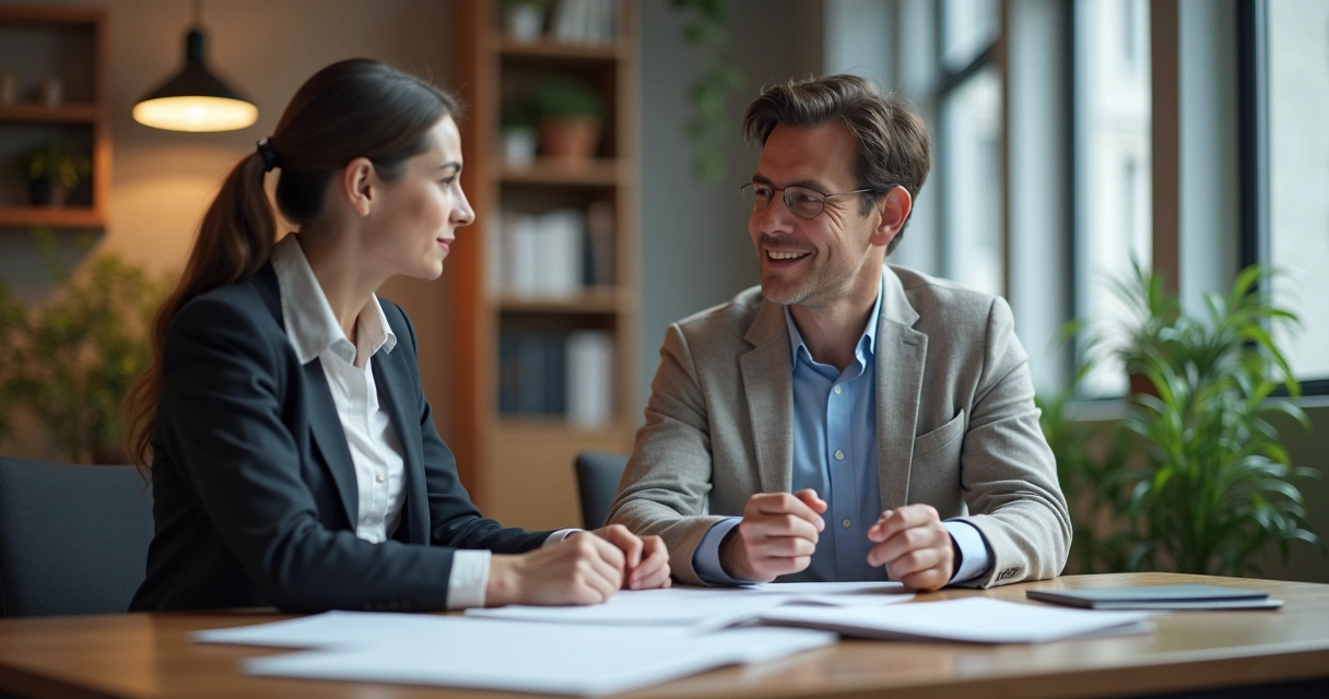 Dos compañeros dialogando en oficina moderna, revisando documentos juntos 