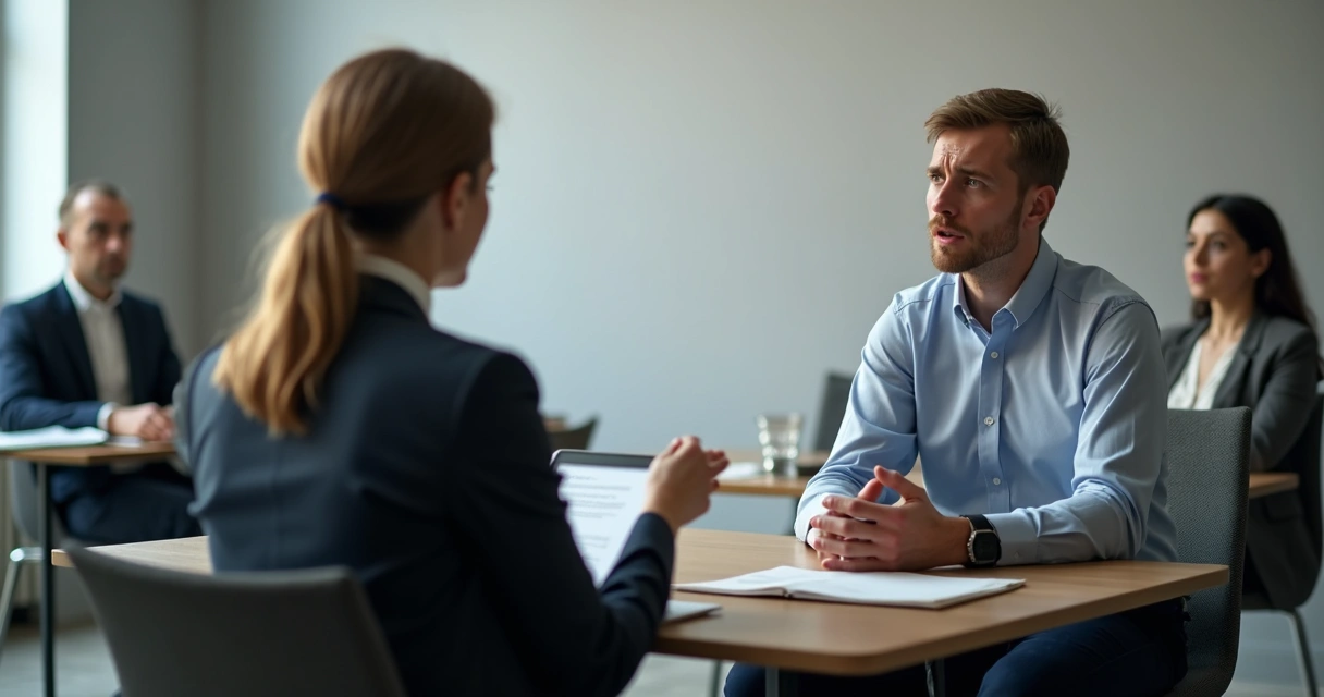 Profissional recebendo feedback em reunião formal com expressão de desconforto.