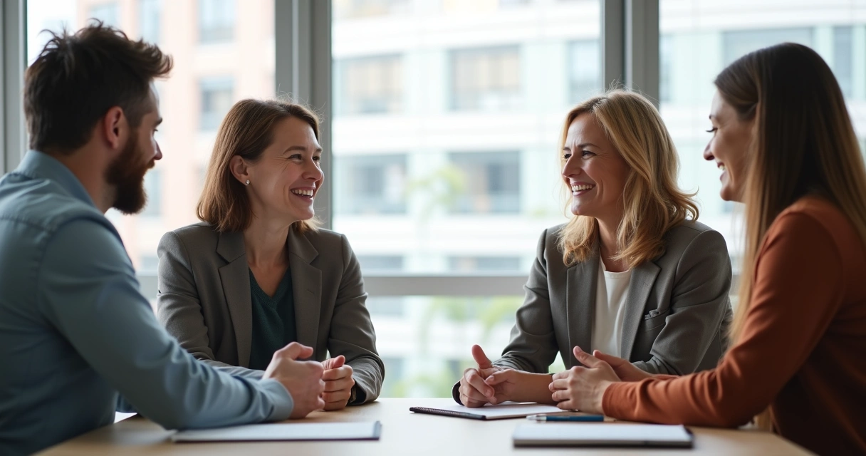 Equipe reunida em sala de reunião trocando feedbacks e interagindo de maneira respeitosa 