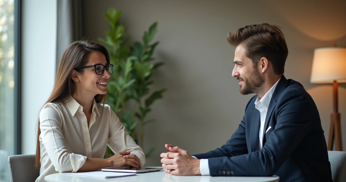 Líder fazendo feedback para colaborador, ambos sentados em mesa redonda 