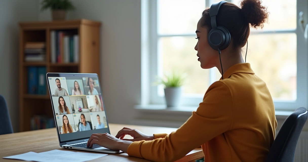 Pessoa sentada em frente a notebook em home office com fone, falando em videoconferência 