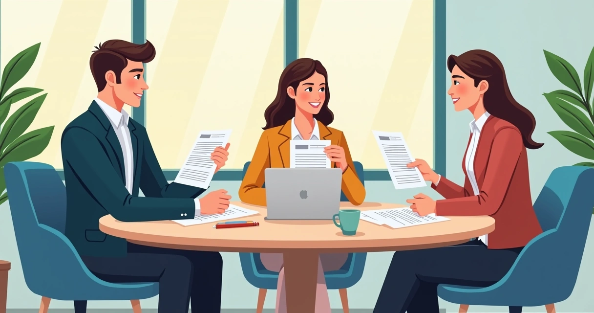 Equipe administrativa reunida trocando feedbacks após treinamento 