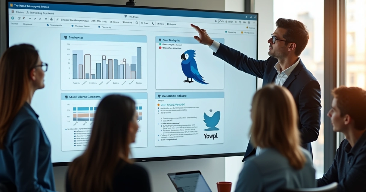 Equipe reunida ao redor de uma tela avaliando feedbacks do sistema 