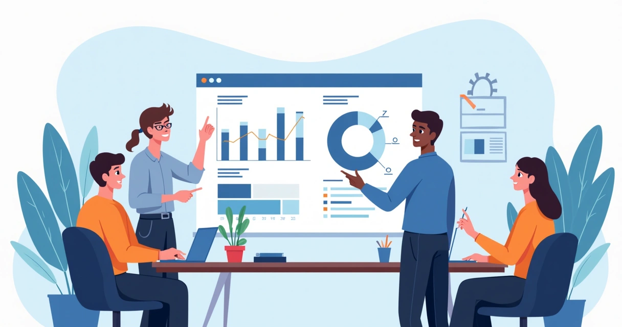 Equipe reunida em torno de um quadro apresentando gráficos de engajamento em treinamento 