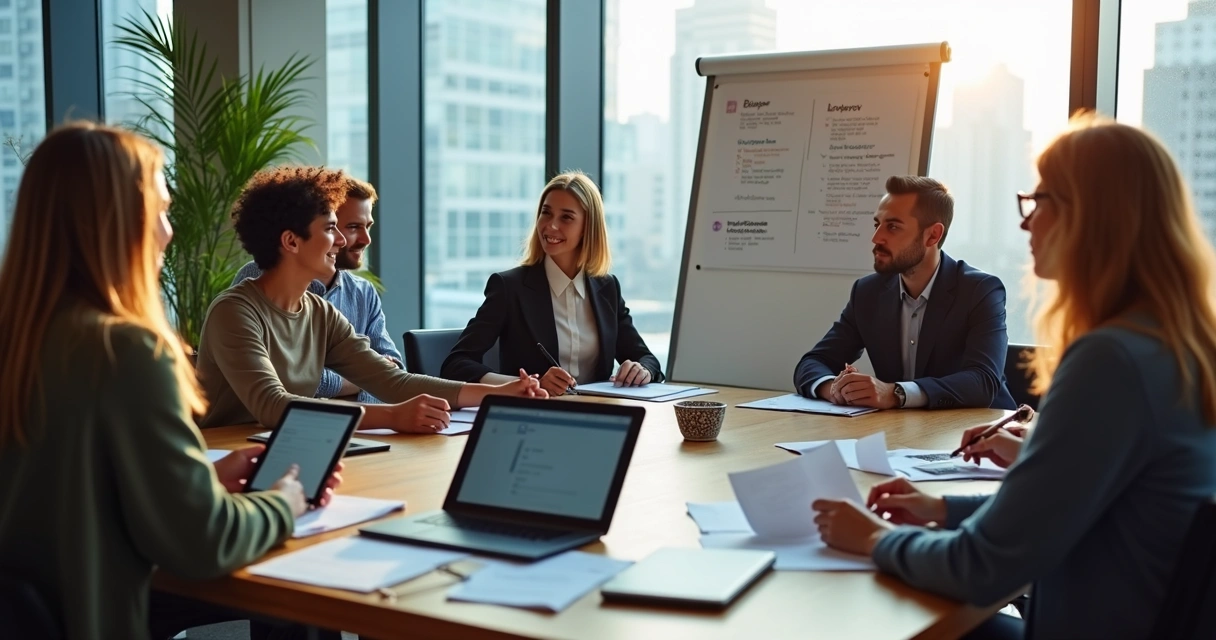 Encontro de líderes e equipe de RH em sessão de feedback e treinamento.