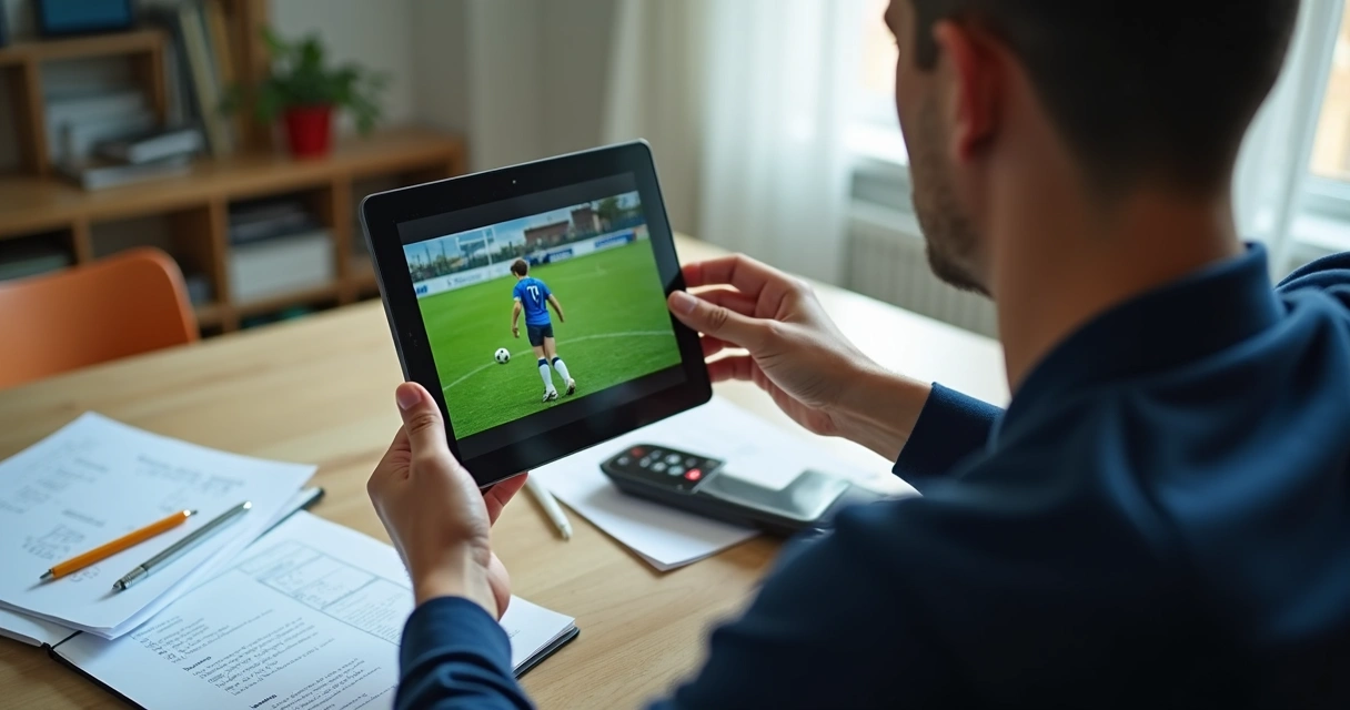 Treinador analisando vídeo de atleta sozinho no tablet 