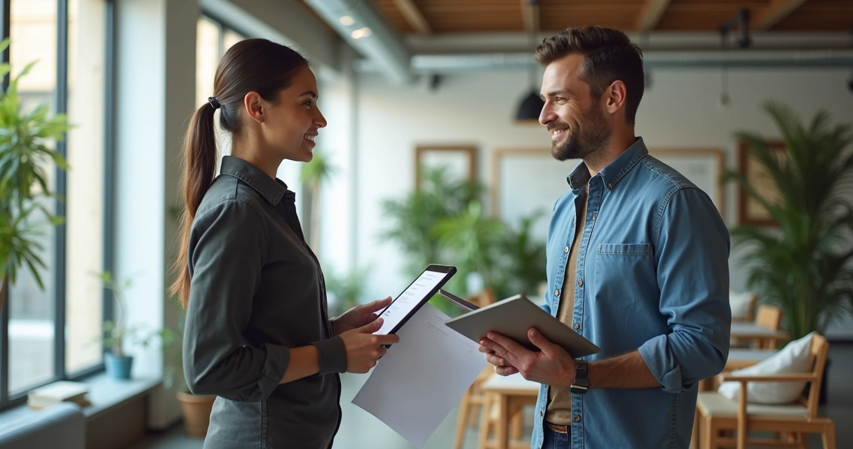 Duas pessoas trocando feedback em ambiente de trabalho moderno 