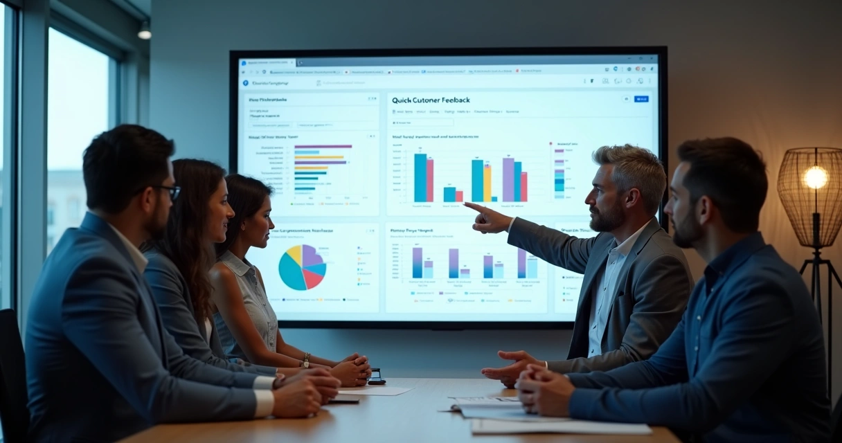 Equipe analisando painel digital com respostas de feedback 