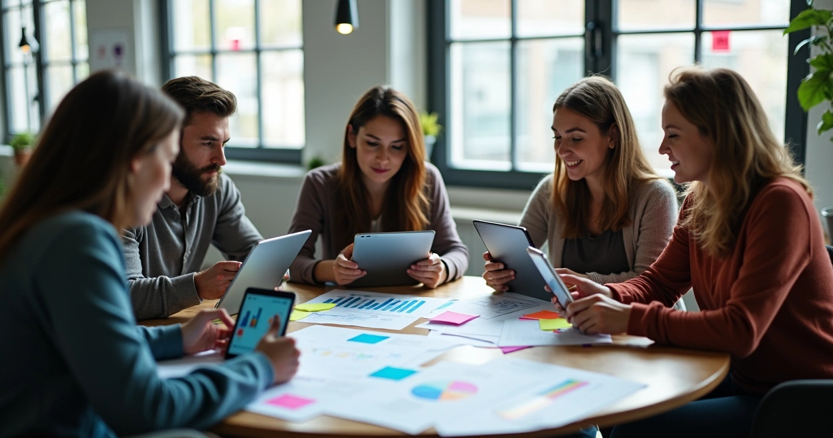 Grupo de pessoas analisando feedbacks de usuários em círculo 