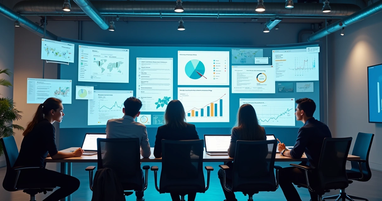 Feedback de usuários SaaS em painéis virtuais e mensagens em redes sociais, com gráficos e dados flutuando. 