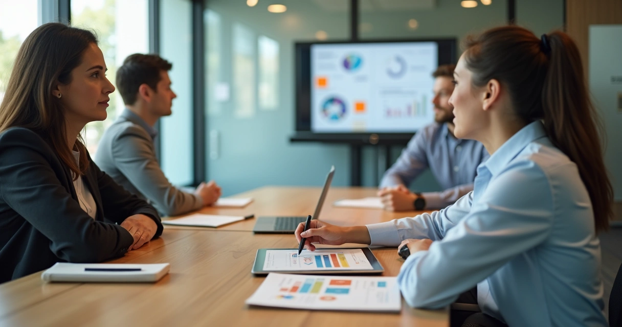 Gestora dando feedback individual com dados em reunião de trabalho 