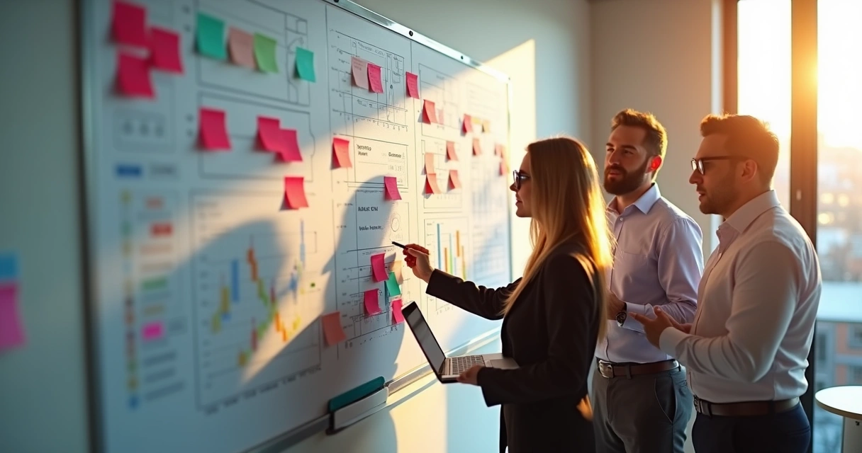 Gestor e equipe comercial avaliando quadros de metas e ajustando plano de ação. 