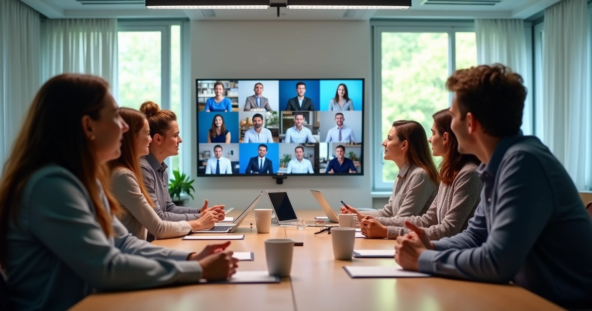 Equipe assistindo a feedbacks em vídeo em uma sala de reunião 