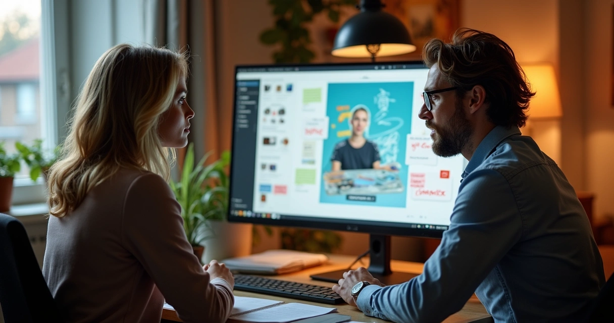 Designer recebendo feedback visual em tela de aprovação 