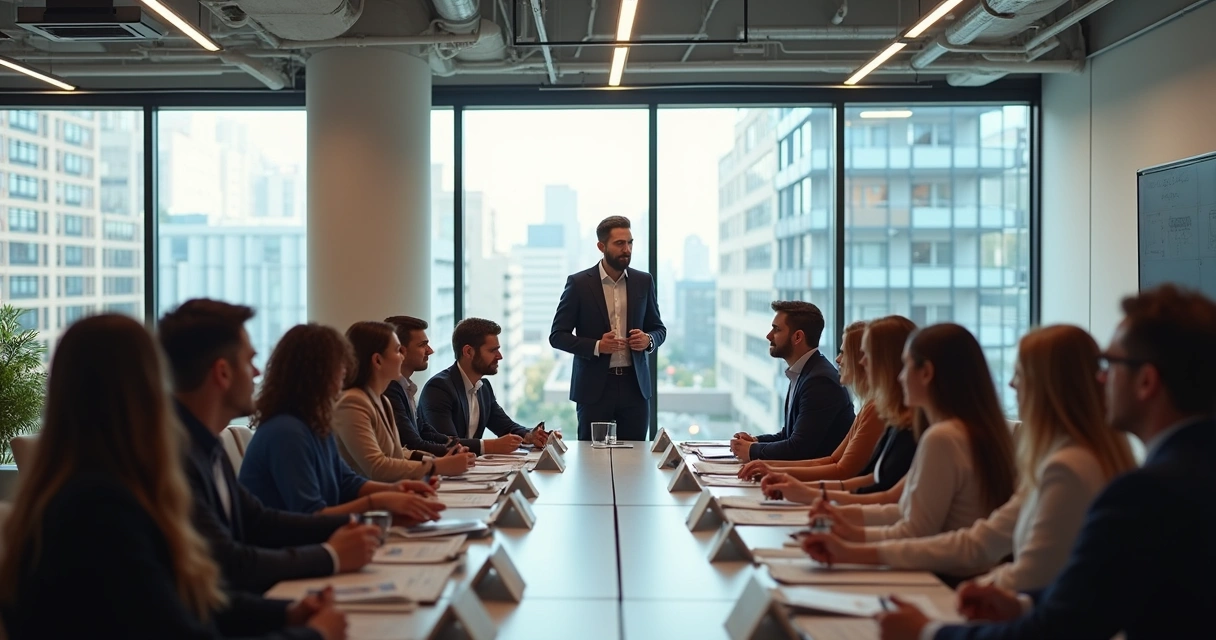 Manager leading feedback workshop for diverse team in office setting 