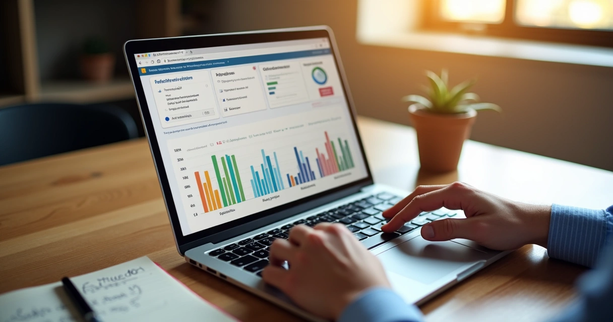 Pessoa analisando respostas de clientes em laptop, com gráficos de satisfação e comentários em português sobre produtos digitais. 