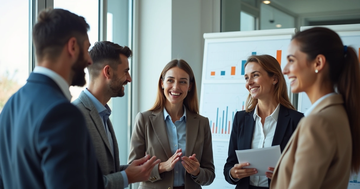 Profissionais contábeis conversando e sorrindo após reunião 