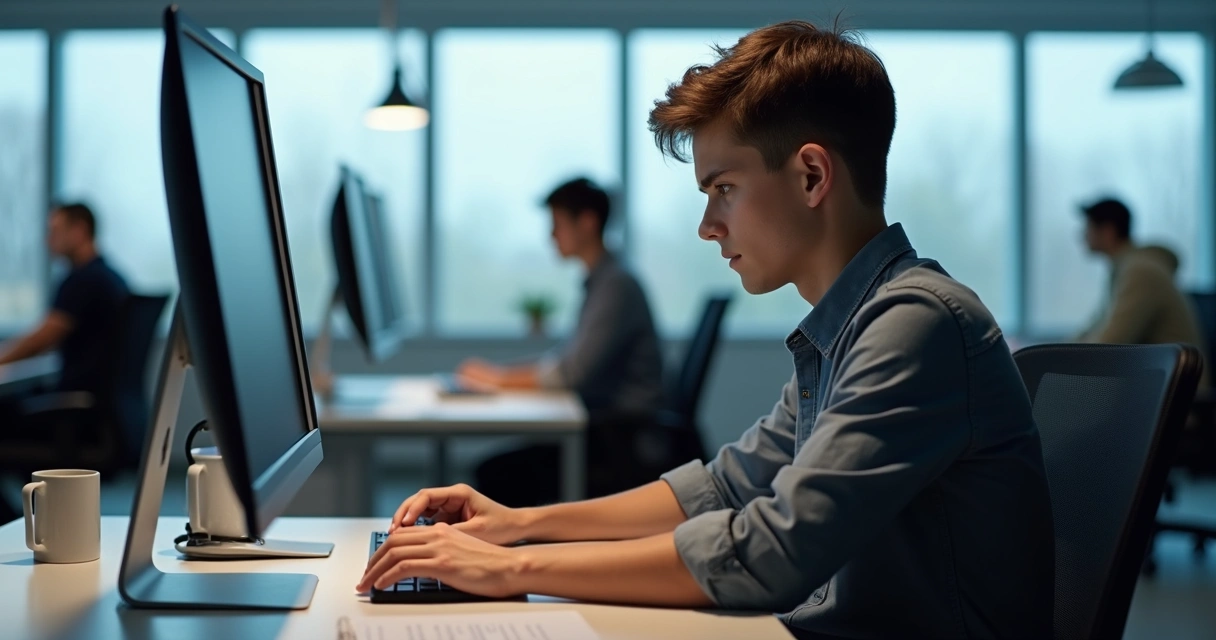 Person sitting at a desk, staring blankly at a computer screen with coworkers blurred in the background 